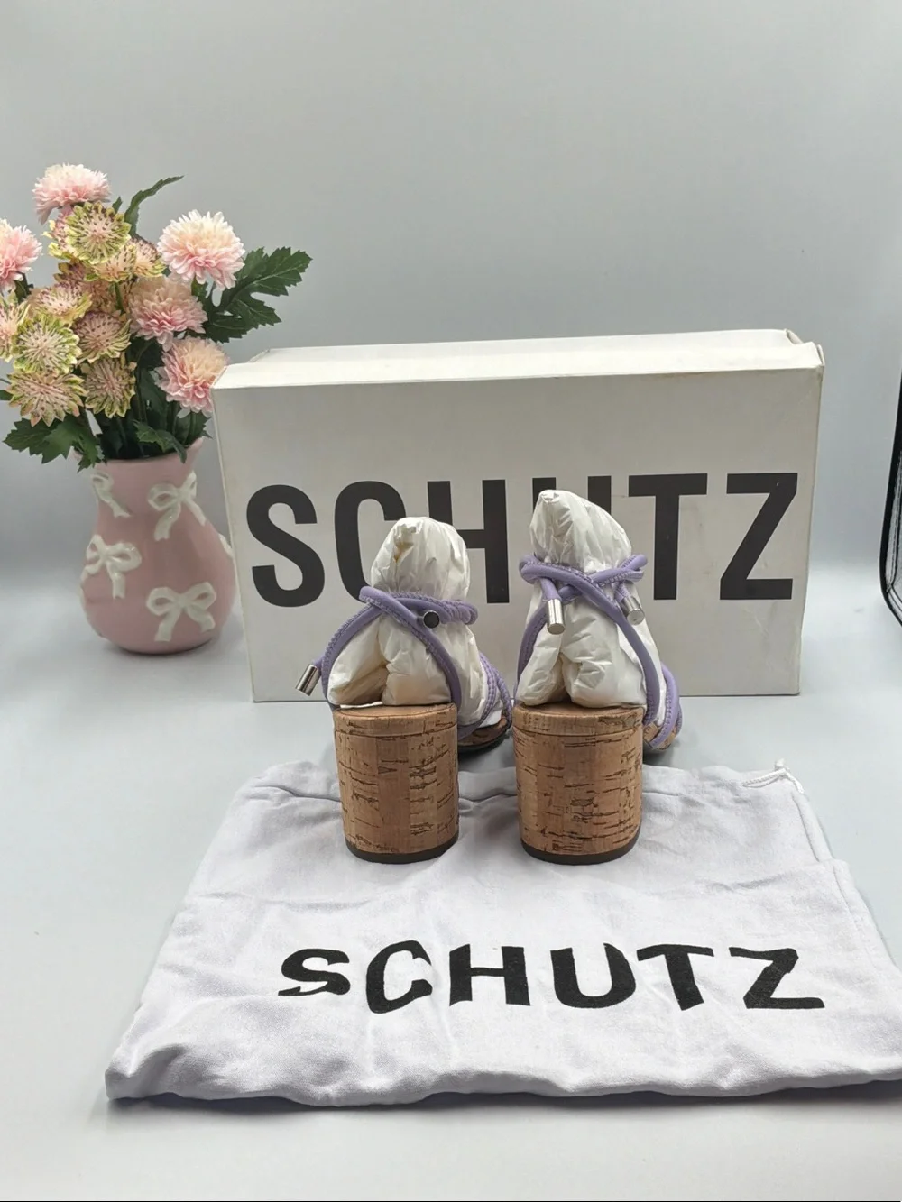 SCHUTZ Lavender Strappy Cork Block Heel Sandals